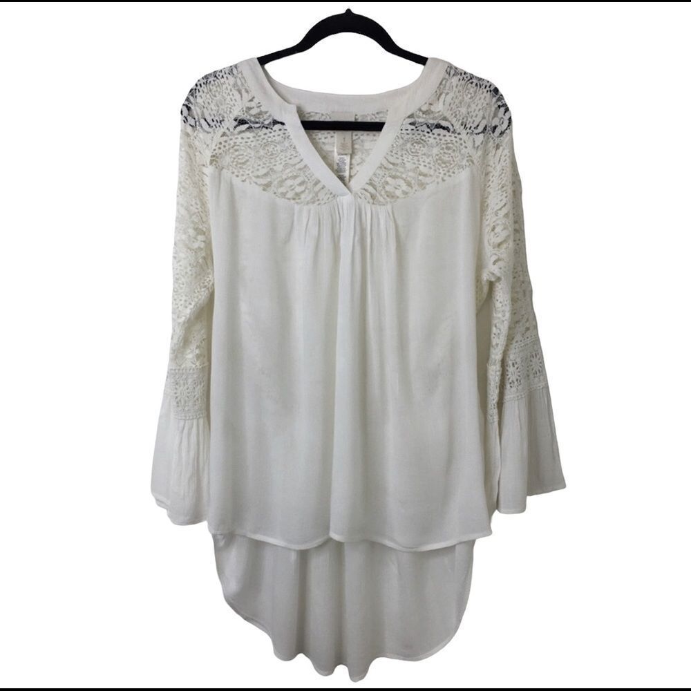 Chicos Womens 1 Ivory Hi Lo Lace Crochet Boho Tunic Top Rayon 3/4 Sleeve